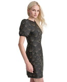 DKNY Womens Petite Puffed-Sleeve Brocade-Texture Mini Dress Black / Gold 6P