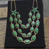 Triple Layered Flower Gemstone Bib Multi Strand Necklace Gold / Green 20" + 3"