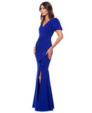 Xscape Petite Scuba Crepe V Neck Ruffled Puff Sleeve Dress Gown Marine Blue 14P