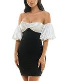 City Studios Juniors Off-The-Shoulder Bodycon Dress 5912PW8AT3 Ivory / Black 7/8