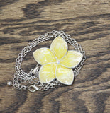 Tropical Hibiscus Enamel Flower Pendant Necklace Silver Gray / Yellow 16" + 3"