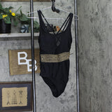 Cupshe Womens Shimmer Waist Tummy Control Mesh Plunge One Piece Swimsuit Black M