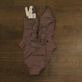 Sanctuary Refresh Rib Plunging Lace Back Mio One-Piece Swimsuit Iron Brown M