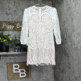Vince Camuto Petite Jewel-Neck Lace Shift Dress Ivory Off White / Beige Brown 2P