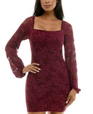 Emerald Sundae Juniors Glitter Lace Bodycon Open Back Mini Dress Dark Red 2XS