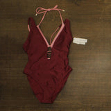 Sanctuary Womens Layered Plunging One-Piece Swimsuit Garnet Red Pink Multi L