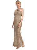 GUESS Sleeveless Keyhole Sequin Crochet Bodycon Dress Wet Sand Brown XL