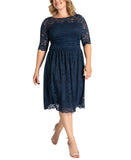 Kiyonna Luna Mesh Lace 3/4 Sleeve Cocktail Midi Dress 12120901 Indigo Blue 2X