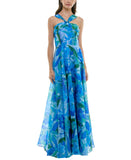 Taylor Womens Twisted Halter Printed Gown Dress 9185S Sapphire Blue 14