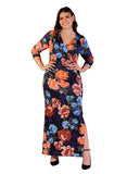 24seven Comfort Apparel 3/4 Sleeves Side Slit Maxi Dress Black Multi Print 3X