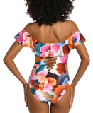 La Blanca Rhythm Off-The-Shoulder Ruffle-Trim One-Piece Swimsuit Multi Pink 6