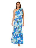 Adrianna Papell One Shoulder Bow Floral Printed Scuba Dress Gown Blue Multi 14