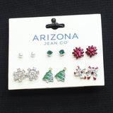 Arizona Holiday Snowflake Candy Cane 6-Pair Stud Earrings Set Silver Gray Multi