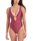 Sanctuary Womens Layered Plunging One-Piece Swimsuit Garnet Red / Pink M