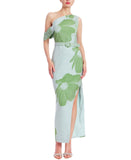 Jewel Badgley Mischka Floral Print One Cold Shoulder Dress Gown Green / Multi 4