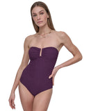 DKNY Womens Shirred One-Piece Swimsuit Bandeau Textured Port Texture Purple L