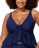 Raisins Ruffle-Trim Tankini Swim Top with Front Tie P840047 Navy Blue 16W