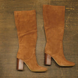 Michael Michael Kors Leigh Ruched High Block Heel Suede Boots Luggage Brown 11M