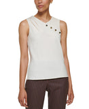 DKNY Womens Petite Sleeveless Mix Media Top XG2T2112 Buttercream Off White PS