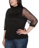 Belldini Mixed-Media Embellished Knit Peplum Top with Lace Sleeves Black 1X
