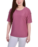 Ny Collection Womens Petite Short Sleeve Honeycomb Textured Grommet Top PHOU1641