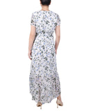 Ny Collection Petite Short Sleeve High Low Hem Chiffon Dress Blue Floral PL