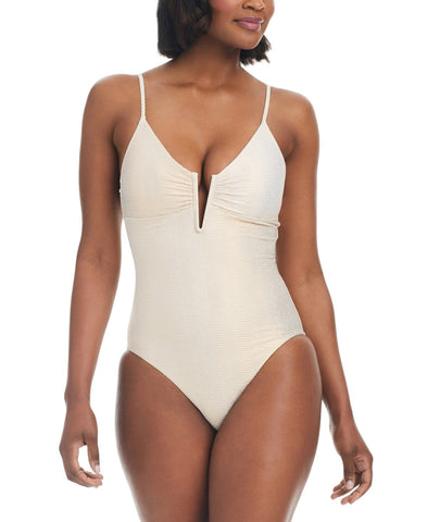 Bar III Womens V-Wire Plunge-Neck One-Piece Swimsuit MBRE25249 Shimmer Gold XL