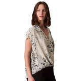 Calvin Klein Womens Printed Chiffon Faux-Wrap Cap-Sleeve Top Light Gray Print M