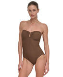 DKNY Textured Shirred One-Piece Swimsuit DIMMS605 Mocha Texture Brown XL