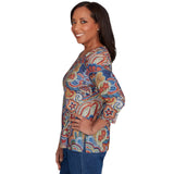 Alfred Dunner Stitched Pleated Neck Paisley Floral Top 16254WS Blue Multi 1X