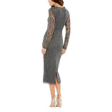 Mac Duggal Beaded Tea Length Dress Gown with Sheer Sleeves Charcoal Gray 8
