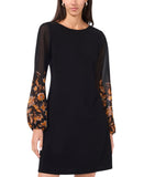MSK Round Neck Contrast Sheer Long Sleeve Midi Shift Dress Black / Multi PS