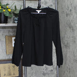 LC Lauren Conrad Womens Pintuck Ruffle Trim Tie Front Blouse Shirt Top Black S