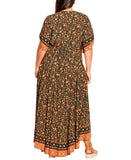 Avenue Plus Floral Print V Neck Flutter Sleeve Border Dress Dark Orange 22W/24W