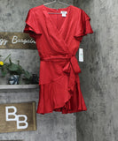 DKNY Petite Satin Flutter Tiered Sleeve V Neck Fit Flare Dress XD4ITB82 Red 8P