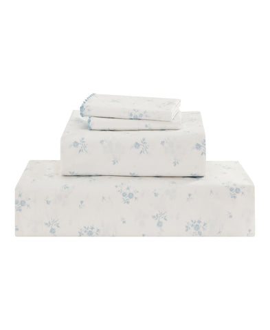 Elmwood Home Callie Floral 200-Thread Count Cotton 4-Piece Sheet Set Blue Queen