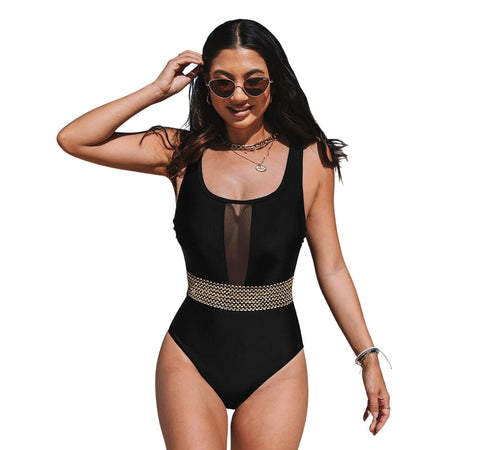 Cupshe Womens Shimmer Waist Tummy Control Mesh Plunge One Piece Swimsuit Black M
