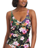 Bar III Womens Printed Twist-Front Shirred Tankini Top Swim Multi Black L