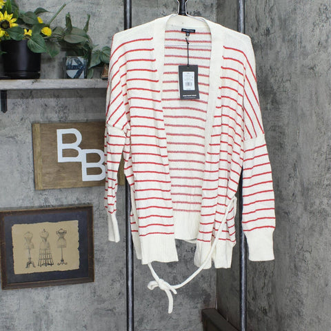 Who What Wear Women's Striped Long Sleeve Wrap Cardigan Ivory / Red Stripe 2XL