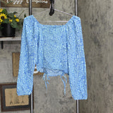 Ruched Back Cold Shoulder Long Sleeve Blouse Shirt Top Blue See Measurements