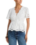 Aqua Embroidered Lace Button-Down V-Neck Top IBO27123 White 2XS