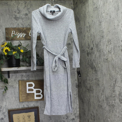 Ronni Nicole Long Sleeve Turtleneck Belted Rib Knit Midi Sweater Dress Gray L