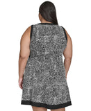 DKNY Womens Plus Size Contrast-Trim Printed Sleeveless Dress Black Multi 14W