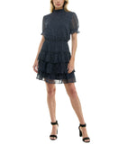 Crystal Doll Printed-Chiffon Short Sleeve Fit Flare Dress Navy Blue / White S