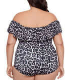 Swim Solutions Off-The Shoulder One Piece Swim Leaping Leopards Black Multi 18W