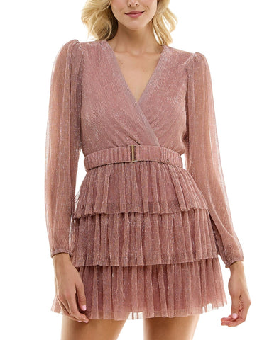 B. Darlin Metallic V-Neck Belted Ruffled Tiered Sheer Sleeved Dress Pink 5/6