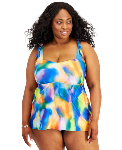 Becca ETC Womens Plus Size Watercolor-Print Tankini Swim Top Blue Multi 1X