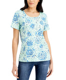 Karen Scott Printed Scoop Neck Short Sleeve Knit Top Aqua Ice Blue Green XL