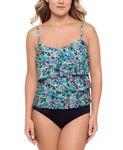 Swim Solutions Ruffle-Tiered Picasso Terrazzo Tankini Swim Top Blue Multi 18