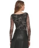 DKNY Womens Scoop-Neck Printed Mesh Long-Sleeve Bodysuit P2JH1OQK Black Multi XL
